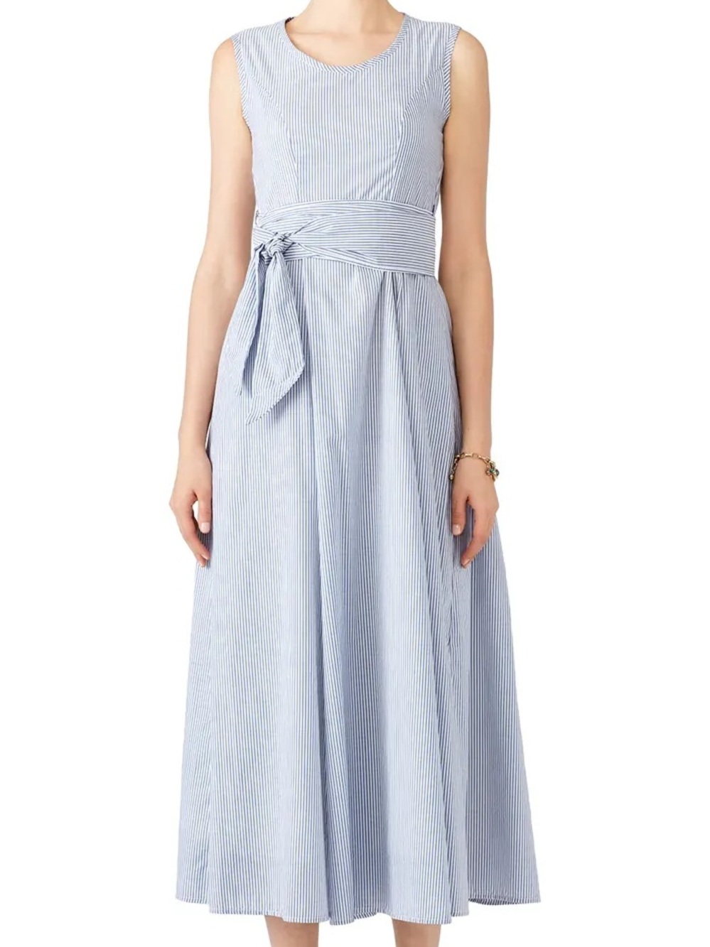 Hunter Bell Striped Tillis Dress Wide Swing Skirt Belt Pockets midi Sleeveless